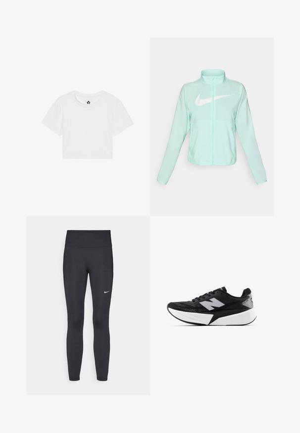 Minttu vihreä Nike-takki, jossa on korkea kaulus, täysi vetoketju, pitkät hihat ja suuri valkoinen swoosh-logo rinnassa. Kevyt kangas.; Valkoinen lyhythihainen cropped T-paita, jossa on pyöreä pääntie ja sileä kangas; paidassa on pieni musta logo niskassa ja helmassa.; Mustat leggingsit joustavasta kankaasta, joissa on korkea vyötärö ja valkoinen Nike-logo vasemmassa reidessä. Sileä pinta, muotoaan myötäilevä suunnittelu.; Mustat ja valkoiset New Balance -juoksukengät, joissa on paksu pohja, verkkomateriaali päällä ja "N"-logo sivulla, nähtynä ulkopuolelta.