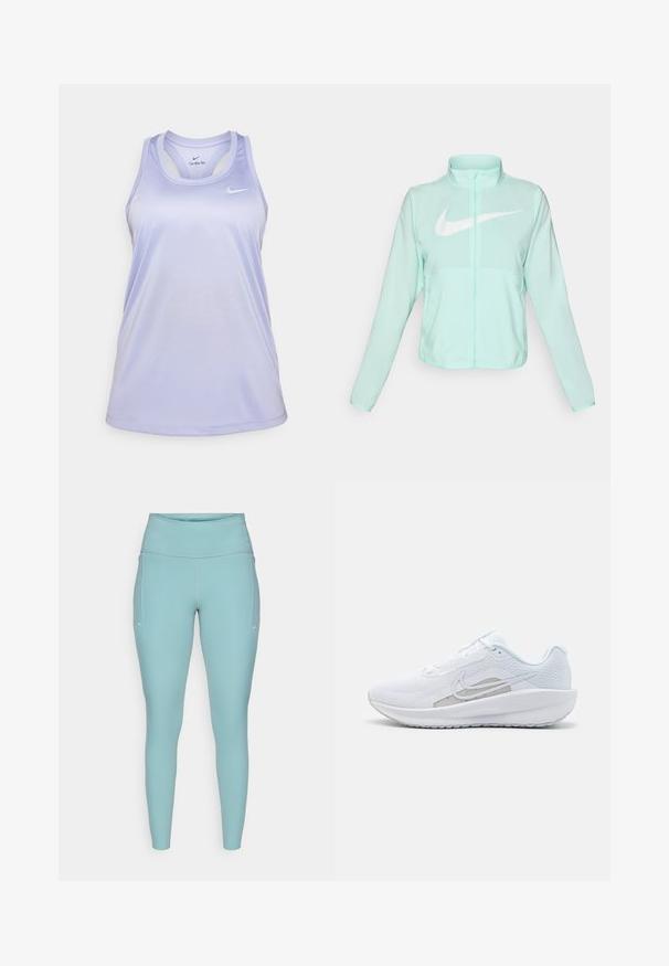 Chaqueta Nike de color verde menta con un alto cuello, cremallera completa, mangas largas y un prominente logo en forma de swoosh blanco en el pecho. Tejido ligero.; Top sin mangas de Nike en un tono púrpura claro, con un escote redondo, tirantes finos y tejido transpirable. Presenta un logo de Nike en el pecho.; Leggings de color azul claro, hechos de material elástico, con una cintura alta, diseño sin costuras y acentos blancos mínimos a los lados.; Zapatilla deportiva blanca con parte superior de malla, punta redondeada y suela texturizada. Presenta un swoosh de Nike plateado y un diseño minimalista.