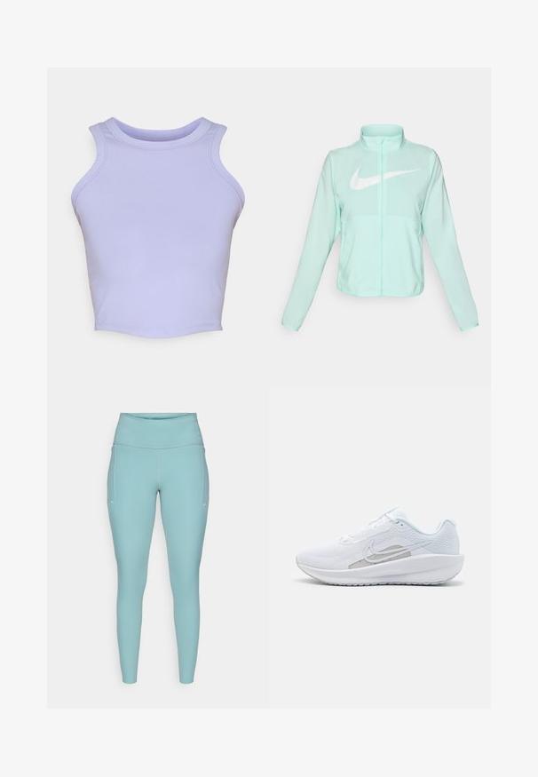 Jachetă Nike verde mentă cu un guler înalt, fermoar complet, mâneci lungi și un logo alb proeminent în formă de swoosh pe piept. Material ușor.; Top scurt fără mâneci de culoare mov deschis, fabricat dintr-un material elastic. Prezintă un decolteu rotund și margini netede, fără cusături.; Leggings de culoare albastru deschis, realizate dintr-un material elastic, având o talie înaltă, un design fără cusături și accente albe minime pe lateral.; Pantof de atletism alb cu plasă superioară, vârf rotunjit și talpă texturată. Prezentă un logo Nike argintiu și un design minimalist.