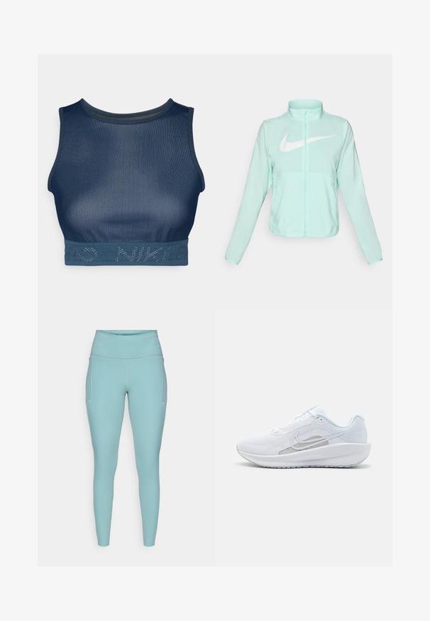 Casaco Nike verde menta com colarinho alto, fecho completo, mangas longas e um proeminente logótipo swoosh branco no peito. Tecido leve.; Nike Performance PRO TANK - Top - armory navy/white; Leggings azul claro feitos de material elástico, com uma cintura alta, design sem costuras e mínimos detalhes brancos nas laterais.; Sapatilha atlética branca com parte superior em rede, bico arredondado e sola texturizada. Apresenta o símbolo Nike em prata e um design minimalista.