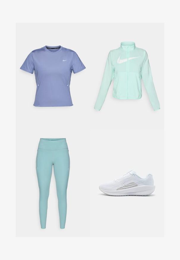 Mündroheline Nike jakk kõrge krae, täispikk tõmblukuga, pikkade varrukatega ja silmapaistva valge swoosh-logo kaeluse peal. Kerge kangas.; Lühikeste varrukatega sportlik särk helesinises kangas, ümmarguse kaelusega ja väike valge Nike logo vasakul rinnal.; Heledad hallikas sininelegging, valmistatud venivast materjalist, millel on kõrge vöökoht, õmblusteta disain ja minimaalsed valged aktsendid külgedel.; Valge sportlik king, millel on võrgusilmast ülemine osa, ümar varvas ja tekstureeritud tallad. Omab hõbedast Nike logo ja minimalistikku disaini.