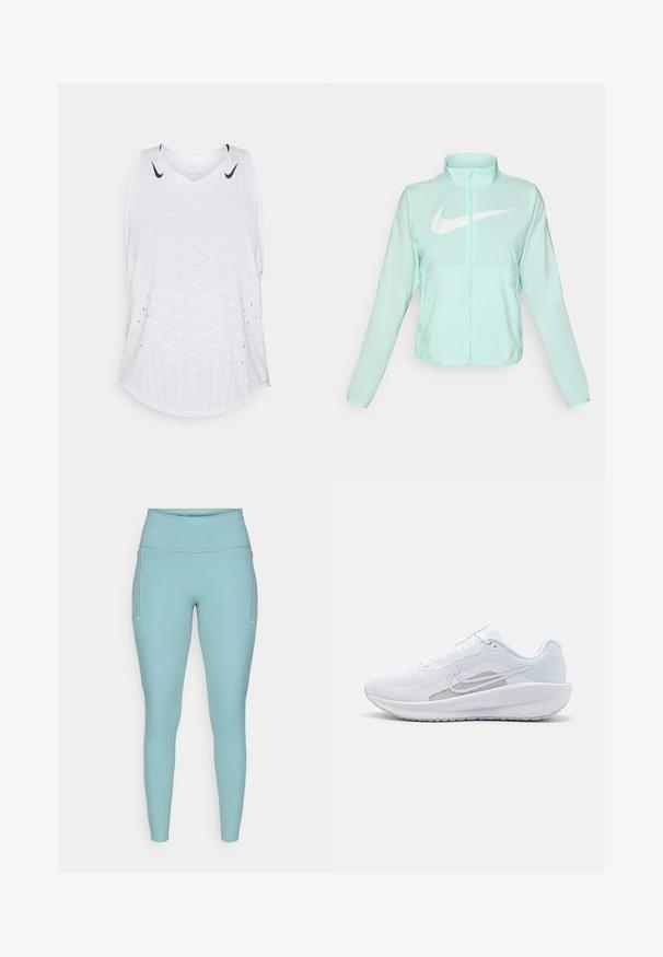 Mint green Nike jacket with a high collar, full zipper, long sleeves, and a prominent white swoosh logo on the chest. Lightweight fabric.; White sleeveless Nike sports jersey with perforated ventilation holes and black swoosh logos near the shoulders.; Light blue leggings made of stretchable material, featuring a high waistband, seamless design, and minimal white accents on the sides.; White athletic shoe with mesh upper, rounded toe, and textured sole. Features a silver Nike swoosh and minimalistic design.