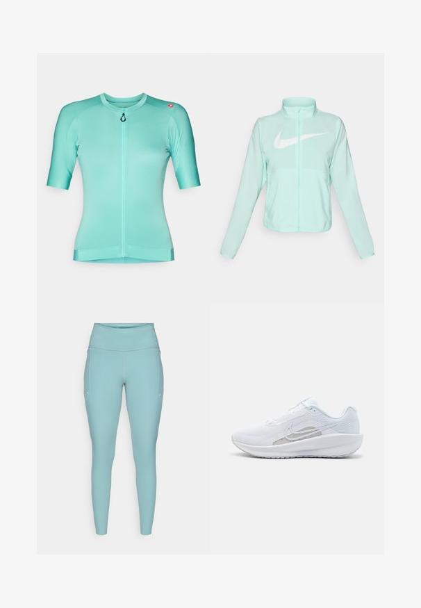 Veste Nike vert menthe avec un col haut, fermeture éclair complète, manches longues et un logo swoosh blanc bien visible sur la poitrine. Tissu léger.; Maillot de cyclisme à manches courtes en bleu clair avec fermeture éclair à l'avant, tissu texturé et accent logo sur l'épaule.; Leggings bleu clair en matière extensible, dotés d'une taille haute, d'un design sans couture et de légères accents blancs sur les côtés.; Baskets blanches avec une tige en mesh, bout rond et semelle texturée. Présentent un swoosh Nike argenté et un design minimaliste.