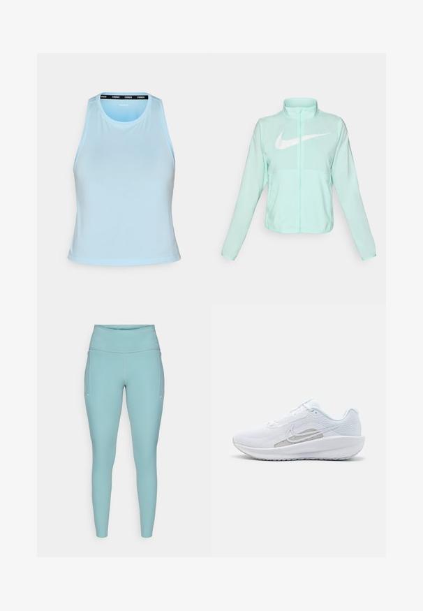 Mėtų žalios spalvos Nike striukė su aukštu apykakle, pilnu užtrauktuku, ilgomis rankovėmis ir ryškia balta swoosh logotipu krūtinėje. Lengvas audinys.; Šviesiai mėlynas sportinis bekraštis marškinėlis su apvaliu iškirpimu, be rankovių dizainu ir juodu prekės ženklo juosteliu aplink iškirpimą. Lygus paviršius.; Šviesiai mėlynos legging'ų kelnės, pagamintos iš elastingos medžiagos, su aukšta juosmens juosta, be siūlių dizainu ir minimaliais baltais akcentais šonuose.; Baldas sportinis batelis su tinkleliu viršuje, apvaliu toe ir tekstūruota padais. Pabrėžia sidabrinį Nike swoosh ir minimalistinį dizainą.