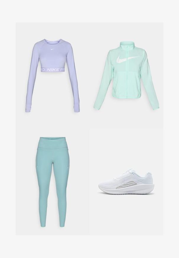 Mintgroene Nike-jas met een hoge kraag, volledige rits, lange mouwen en een opvallend wit swoosh-logo op de borst. Lichtgewicht stof.; Lila lange mouwen crop top van zacht, flexibel materiaal met een wit Nike-logo en een brede, lichtpaarse merkband in de taille.; Lichtblauwe leggings gemaakt van rekbaar materiaal, met een hoge tailleband, een naadloos ontwerp en minimale witte accenten aan de zijkanten.; Witte sportieve schoen met een bovenwerk van mesh, ronde neus en een textuurzool. Beschikt over een zilveren Nike swoosh en een minimalistisch ontwerp.