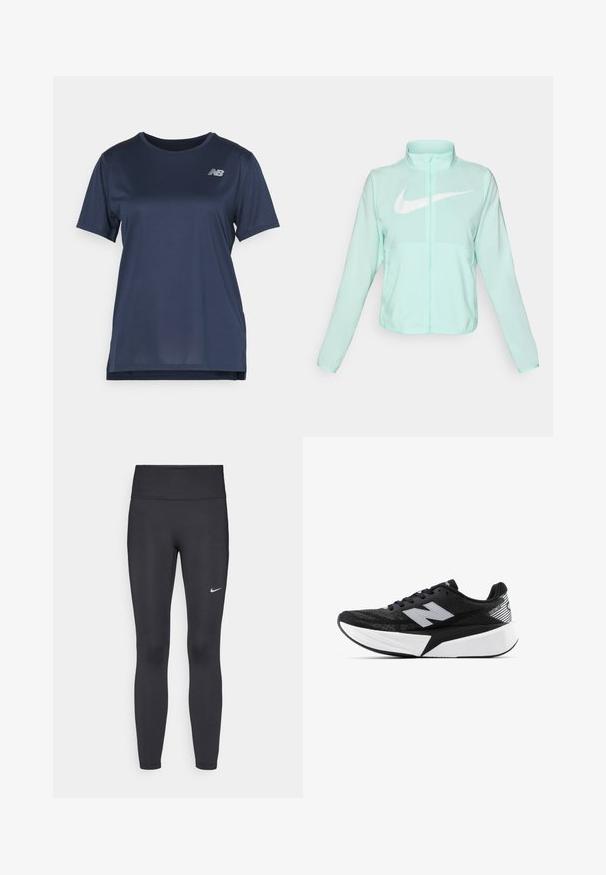 Chaqueta Nike de color verde menta con un alto cuello, cremallera completa, mangas largas y un prominente logo en forma de swoosh blanco en el pecho. Tejido ligero.; Camiseta atlética de color azul marino con mangas cortas, que presenta una textura acanalada y un logo plateado en la parte superior izquierda. Diseño de corte relajado.; Leggings negras de tela elástica, con una cintura alta y un logo blanco de Nike en el muslo izquierdo. Textura suave, diseño ajustado.; Zapatilla de running New Balance en blanco y negro con suela gruesa, parte superior de malla y logo "N" en el lateral, vista desde el lado exterior.