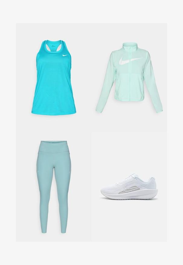 Giacca Nike verde menta con colletto alto, zipper completa, maniche lunghe e un grande logo swoosh bianco sul petto. Tessuto leggero.; Top sportivo turchese con scollatura tonda, design racerback e logo Nike bianco in alto a sinistra. Tessuto liscio e leggero.; Leggings azzurri chiari realizzati in materiale elasticizzato, caratterizzati da un'alta vita, design senza cuciture e minimi accenti bianchi sui lati.; Scarpa sportiva bianca con tomaia in rete, punta arrotondata e suola testurizzata. Presenta il logo Nike in argento e un design minimalista.