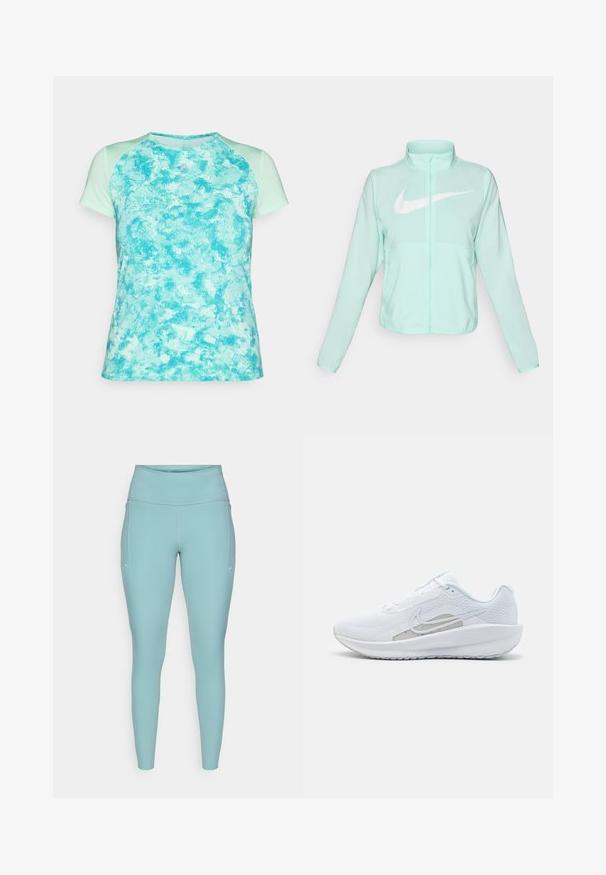 Casaco Nike verde menta com colarinho alto, fecho completo, mangas longas e um proeminente logótipo swoosh branco no peito. Tecido leve.; Top curto de manga curta em turquesa claro com um padrão texturizado e marmoreado, com detalhes em malha nos ombros. Design com gola redonda.; Leggings azul claro feitos de material elástico, com uma cintura alta, design sem costuras e mínimos detalhes brancos nas laterais.; Sapatilha atlética branca com parte superior em rede, bico arredondado e sola texturizada. Apresenta o símbolo Nike em prata e um design minimalista.