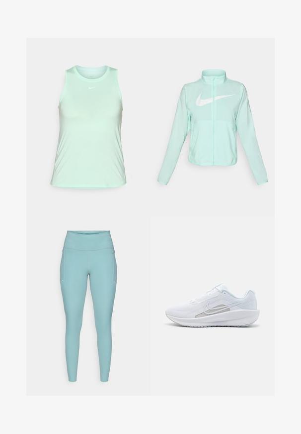 Mätovozelená Nike bunda s vysokým golierom, plným zipsom, dlhými rukávmi a výrazným bielym logom swoosh na hrudi. Ľahký materiál.; Svetlozelený bezrukávový športový top Nike s okrúhlym výstrihom a malým bielym logom na hrudi, predvedený na bielom pozadí.; Svetlomodré legíny vyrobené z elastického materiálu, s vysokým pásom, bezšvovým dizajnom a minimálnymi bielymi akcentmi po stranách.; Biele atletické topánky s priedušným zvrškom, okrúhlym prstom a štruktúrovanou podrážkou. Obsahuje strieborný Nike swoosh a minimalistický dizajn.