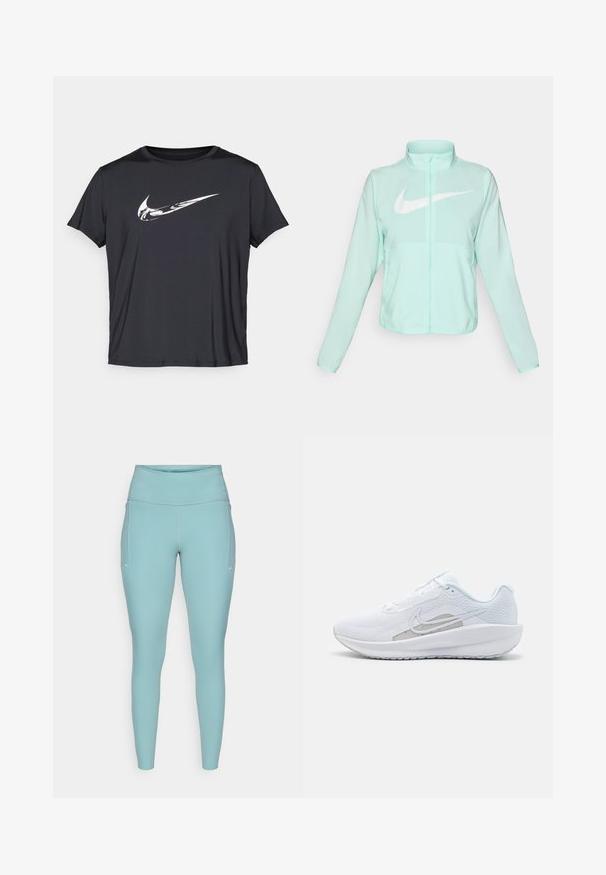 Minttu vihreä Nike-takki, jossa on korkea kaulus, täysi vetoketju, pitkät hihat ja suuri valkoinen swoosh-logo rinnassa. Kevyt kangas.; Musta urheilupaita, joka on valmistettu pehmeästä ja joustavasta kankaasta. Lyhyet hihat, pyöreä kaula-aukko, ja etupuolella on valkoinen Nike-logo.; Vaaleansiniset legginsit, jotka on valmistettu joustavasta materiaalista. Ne sisältävät korkean vyötärön, saumattoman muotoilun ja minimaalista valkoista yksityiskohtaa sivuilla.; Valkoinen urheilujalkine, jossa on verkkomateriaali ylhäällä, pyöreä varvas ja teksturoitu pohja. Varustettu hopeisella Nike-ikkunalla ja minimalistisella muotoilulla.