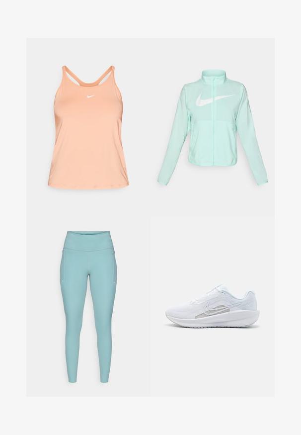 Giacca Nike verde menta con colletto alto, zipper completa, maniche lunghe e un grande logo swoosh bianco sul petto. Tessuto leggero.; Top sportivo Nike in color pesca, realizzato in tessuto morbido. Presenta una scollatura rotonda, spalline larghe e un piccolo logo bianco.; Leggings azzurri chiari realizzati in materiale elasticizzato, caratterizzati da un'alta vita, design senza cuciture e minimi accenti bianchi sui lati.; Scarpa sportiva bianca con tomaia in rete, punta arrotondata e suola testurizzata. Presenta il logo Nike in argento e un design minimalista.