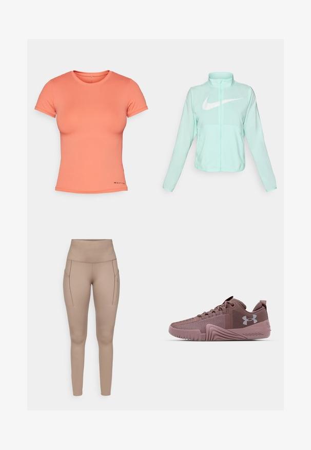 Jachetă Nike verde mentă cu un guler înalt, fermoar complet, mâneci lungi și un logo alb proeminent în formă de swoosh pe piept. Material ușor.; Tricou scurt cu mânecă, de culoare corai, realizat dintr-un material neted și elastic. Design cu guler rotund și accent cu logo în partea stângă jos.; Tighturi atletice bej cu talie înaltă, având două buzunare laterale și un material neted, elastic. Detaliu subtil al logo-ului în gri.; Pantofi sport de culoare roz închis, cu un superior din plasă texturată, talpă din cauciuc și model de prindere pronunțat; prezintă un logo pe lateral și guler căptușit.