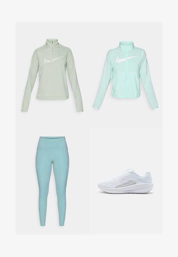 Casaco Nike verde menta com colarinho alto, fecho completo, mangas longas e um proeminente logótipo swoosh branco no peito. Tecido leve.; Sweatshirt Nike verde menta com colarinho de meia abertura, mangas longas e um destacado logótipo swoosh branco na parte da frente. Textura de tecido suave.; Leggings azul claro feitos de material elástico, com uma cintura alta, design sem costuras e mínimos detalhes brancos nas laterais.; Sapatilha atlética branca com parte superior em rede, bico arredondado e sola texturizada. Apresenta o símbolo Nike em prata e um design minimalista.