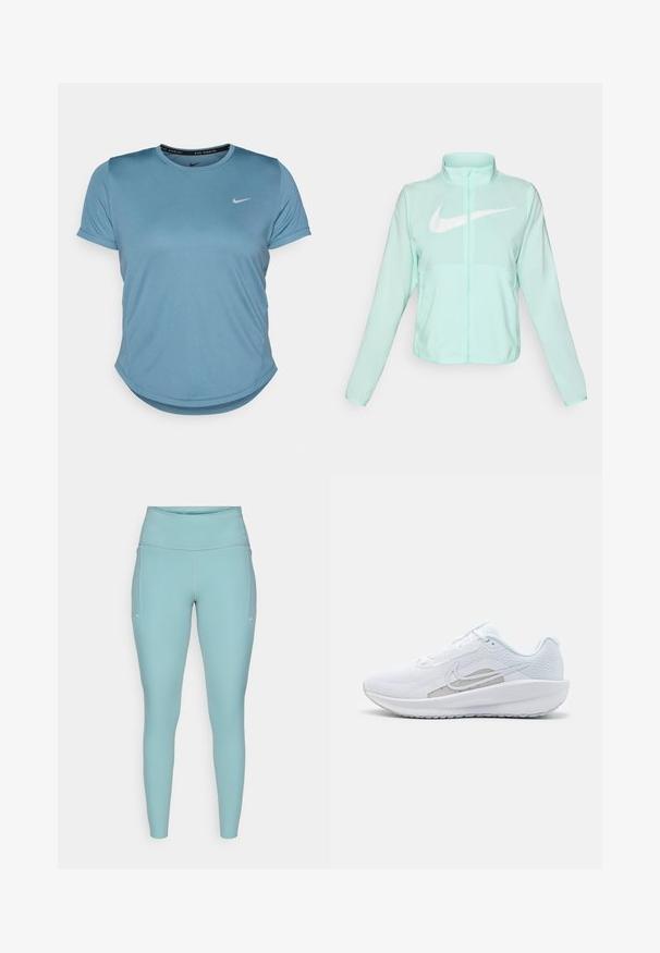 Mintgrønn Nike-jakke med høy krage, full glidelås, lange ermer og en fremtredende hvit swoosh-logo på brystet. Lettvektsmateriale.; Nike kortermet løpeskjorte i blå, med rund hals, glatt tekstur, og en liten hvit Nike-logo på venstre bryst.; Lyseblå treningstights laget av elastisk materiale, med høy midje, sømløst design og minimale hvite detaljer på sidene.; Hvit sportssko med mesh-overdel, rund tå og teksturert såle. Har en sølvfarget Nike swoosh og et minimalistisk design.