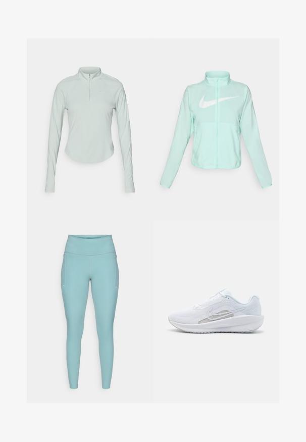 Mätovozelená Nike bunda s vysokým golierom, plným zipsom, dlhými rukávmi a výrazným bielym logom swoosh na hrudi. Ľahký materiál.; Svetlozelená dlhá rukávová športová blúzka s štvrťovým zipsom a raglánovými rukávmi. Hladká textúra a subtílny logotyp Nike na hrudi.; Svetlomodré legíny vyrobené z elastického materiálu, s vysokým pásom, bezšvovým dizajnom a minimálnymi bielymi akcentmi po stranách.; Biele atletické topánky s priedušným zvrškom, okrúhlym prstom a štruktúrovanou podrážkou. Obsahuje strieborný Nike swoosh a minimalistický dizajn.