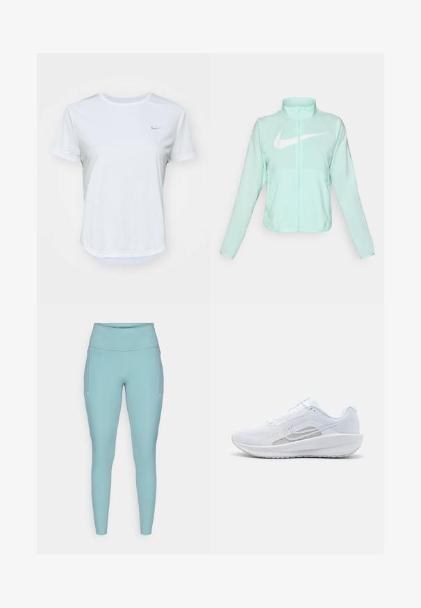 Jachetă Nike verde mentă cu un guler înalt, fermoar complet, mâneci lungi și un logo alb proeminent în formă de swoosh pe piept. Material ușor.; Tricou sportiv alb cu mânecă scurtă, cu un decolteu rotund și un logo Nike gri subtil în zona stângă a pieptului. Material neted, respirabil.; Leggings de culoare albastru deschis, realizate dintr-un material elastic, având o talie înaltă, un design fără cusături și accente albe minime pe lateral.; Pantof de atletism alb cu plasă superioară, vârf rotunjit și talpă texturată. Prezentă un logo Nike argintiu și un design minimalist.