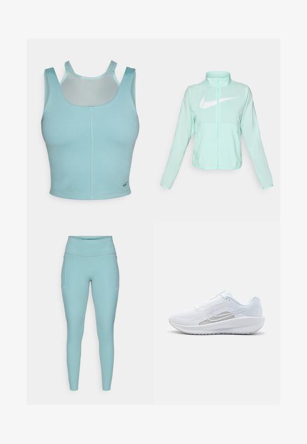 Mintgrüner Nike-Jacke mit hohem Kragen, durchgehendem Reißverschluss, langen Ärmeln und einem auffälligen weißen Swoosh-Logo auf der Brust. Leichtes Material.; Helles blaues sportliches Crop-Top mit rundem Ausschnitt, breiten Trägern und einem Mesh-Einsatz am Rücken; hat ein kleines Logo am Saum.; Helle blaue Leggings aus dehnbarem Material, mit hohem Bund, nahtlosem Design und minimalen weißen Akzenten an den Seiten.; Weißer Sport Schuh mit Mesh-Obermaterial, abgerundeter Zehenpartie und strukturiertem Sohlenprofil. Mit einem silbernen Nike Swoosh und minimalistischem Design.