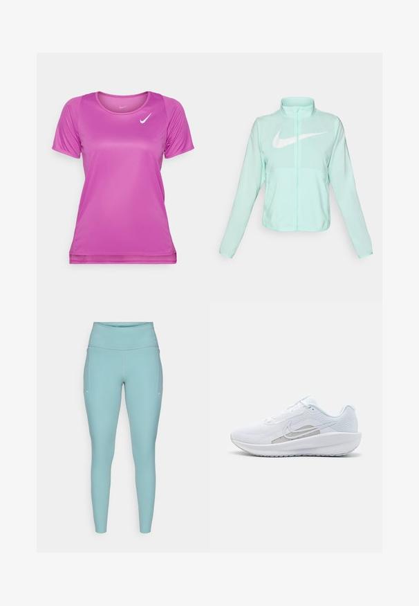 Mátově zelená Nike bunda s vysokým límcem, plným zipem, dlouhými rukávy a výrazným bílým swoosh logem na hrudi. Lehce prodyšný materiál.; Nike Performance FAST TOP - Sportovní tričko - hot fuchsia; Světle modré legíny vyrobené z elastického materiálu, s vysokým pasem, bezšvovým designem a minimálními bílými akcenty po stranách.; Bílé sportovní boty s síťovaným vrškem, zaoblenou špičkou a texturovanou podrážkou. Mají stříbrný logo Nike a minimalistický design.