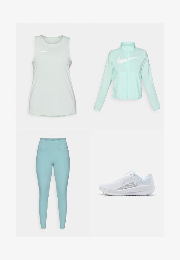 Μιντ πράσινη ζακέτα Nike με ψηλό γιακά, πλήρη φερμουάρ, μακριά μανίκια και εξέχον λευκό σήμα swoosh στο στήθος. Ελαφρύ ύφασμα.; Ανοιχτό πράσινο αθλητικό αμάνικο μπλουζάκι φτιαγμένο από λείο, υλικό που απορροφά την υγρασία; διαθέτει στρογγυλή λαιμόκοψη και μικρό λογότυπο μπροστά.; Πλάγίες μπλε κολάν από ελαστικό υλικό, με ψηλό μέσο, χωρίς ραφές και ελάχιστες λευκές λεπτομέρειες στις πλευρές.; Λευκό αθλητικό παπούτσι με πλέγμα επάνω, στρογγυλή μύτη και υφασμάτινη σόλα. Διαθέτει ασημένιο σήμα της Nike και μινιμαλιστικό σχεδιασμό.