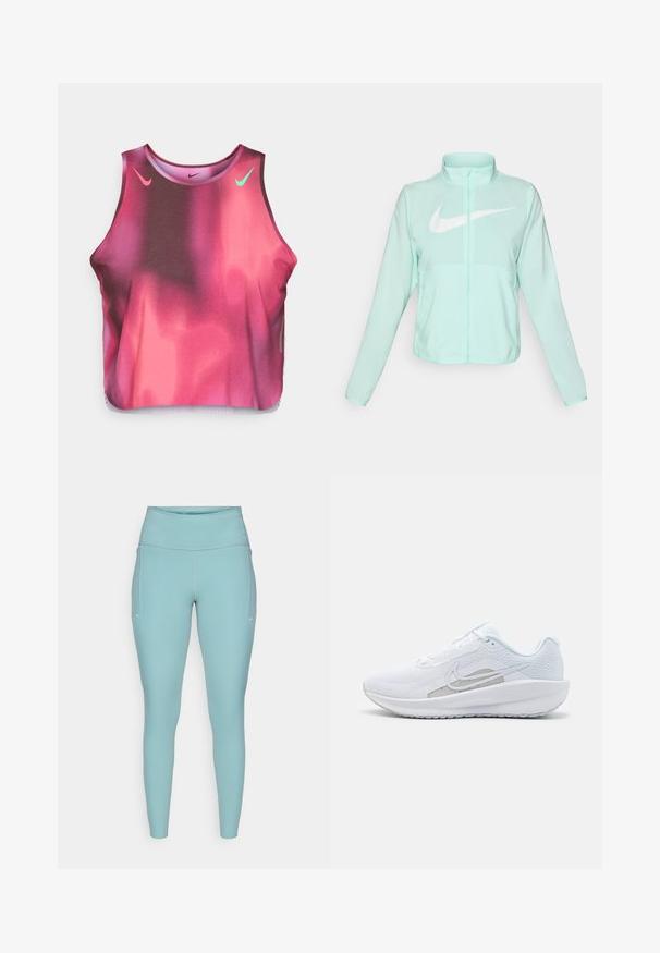 Mátově zelená Nike bunda s vysokým límcem, plným zipem, dlouhými rukávy a výrazným bílým swoosh logem na hrudi. Lehce prodyšný materiál.; Námořnický a růžový gradient crop top vyrobený z elastického materiálu. Obsahuje loga Nike v růžové a zelené barvě, má kulatý výstřih a bezrukávový design.; Světle modré legíny vyrobené z elastického materiálu, s vysokým pasem, bezšvovým designem a minimálními bílými akcenty po stranách.; Bílé sportovní boty s síťovaným vrškem, zaoblenou špičkou a texturovanou podrážkou. Mají stříbrný logo Nike a minimalistický design.