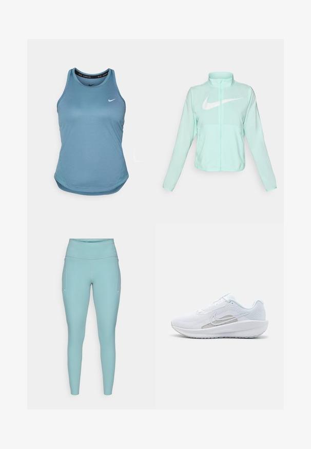 Casaco Nike verde menta com colarinho alto, fecho completo, mangas longas e um proeminente logótipo swoosh branco no peito. Tecido leve.; Top de corrida Nike azul claro com decote redondo, design sem mangas e barra curvada. Apresenta um pequeno logótipo branco da Nike no peito.; Leggings azul claro feitos de material elástico, com uma cintura alta, design sem costuras e mínimos detalhes brancos nas laterais.; Sapatilha atlética branca com parte superior em rede, bico arredondado e sola texturizada. Apresenta o símbolo Nike em prata e um design minimalista.