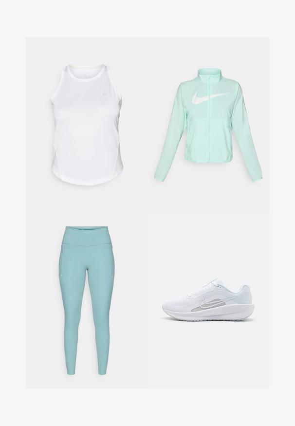 Jaka mint zelene Nike boje s visokim ovratnikom, punim patentnim zatvaračem, dugim rukavima i istaknutim bijelim Swoosh logom na prsima. Lagani materijal.; Bijela atletska majica bez rukava s okruglim dekolteom, dizajnom bez rukava i suptilnim reflektirajućim logotipom. Izrađena od glatkog, tkanog materijala koji uklanja vlagu.; Svijetloplave tajice izrađene od rastezljivog materijala, s visokim pojasom, bezšavnim dizajnom i minimalnim bijelim detaljima sa strane.; Bijela atletska cipela s mrežastom gornjom površinom, zaobljenim nožnim prstom i teksturiranim potplatom. Sadrži srebrni Nike swoosh i minimalistički dizajn.