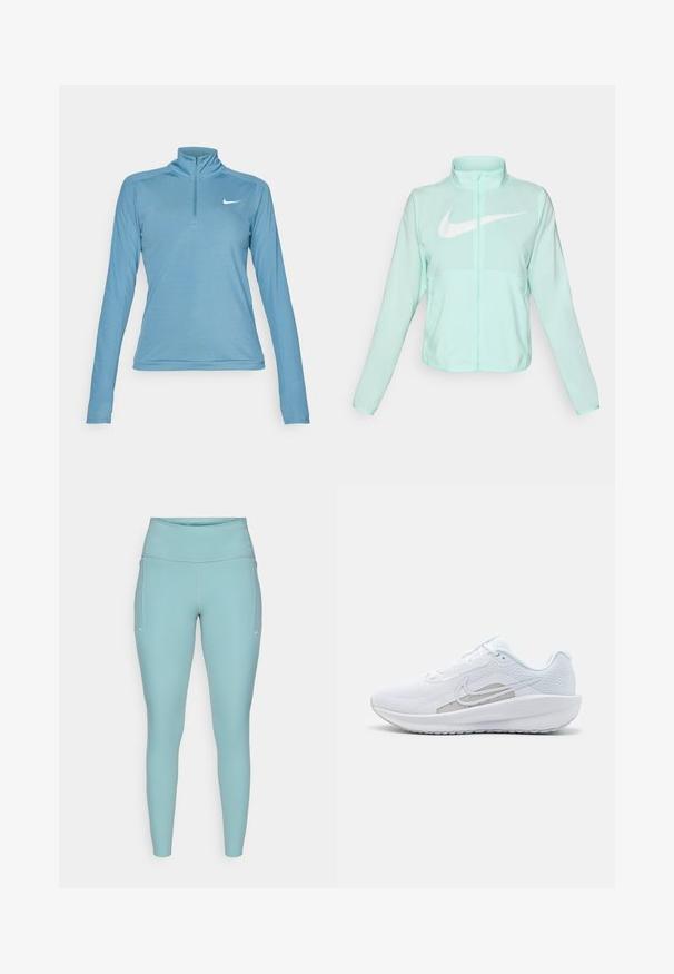 Mintgrønn Nike-jakke med høy krage, full glidelås, lange ermer og en fremtredende hvit swoosh-logo på brystet. Lettvektsmateriale.; Lyseblå langermet treningsgenser med høy krage og kvart glidelås. Har en liten hvit logo på venstre brystområde.; Lyseblå treningstights laget av elastisk materiale, med høy midje, sømløst design og minimale hvite detaljer på sidene.; Hvit sportssko med mesh-overdel, rund tå og teksturert såle. Har en sølvfarget Nike swoosh og et minimalistisk design.