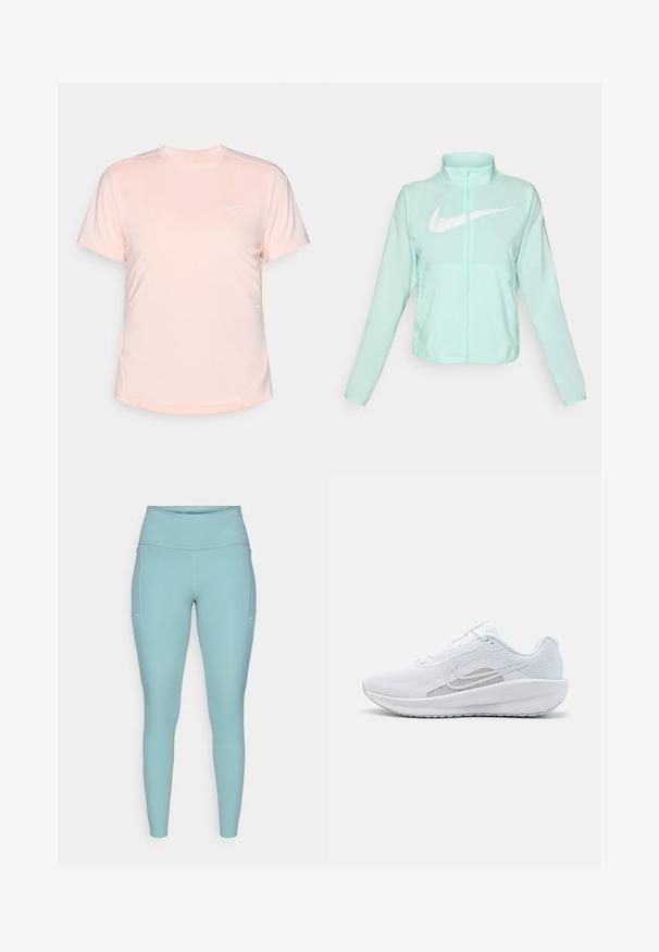 Mint zaļš Nike jaka ar augstu apkakli, pilnu rāvējslēdzēju, garām piedurknēm un izteiksmīgu balto swoosh logotipu uz krūtīm. Viegls audums.; Gaiši rozā sporta krekls, kas izgatavots no gludas, elpojošas auduma. Tam ir īsas piedurknes, apaļa kakla izgriezums un neliels balts Nike logo priekšā.; Gaiši zili legingi, izgatavoti no elastīga materiāla, ar augstu jostasvietu, bezšuvju dizainu un minimālajiem baltajiem akcentiem sānos.; Baltas sporta apdedzinājums ar sietu augšdaļu, noapaļotu purngalu un teksturētu zoli. Tam ir sudraba Nike zvīņa un minimālisma dizains.