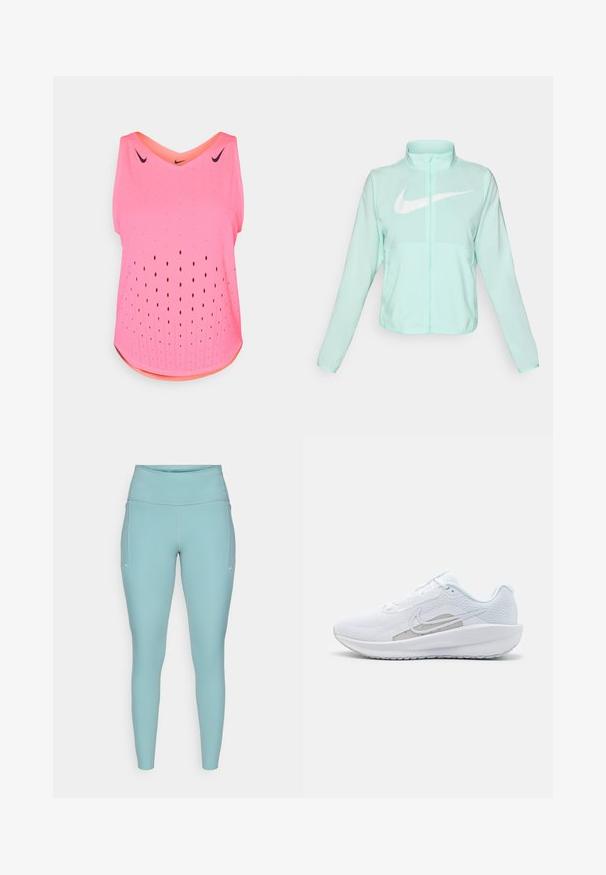 Mintgrüner Nike-Jacke mit hohem Kragen, durchgehendem Reißverschluss, langen Ärmeln und einem auffälligen weißen Swoosh-Logo auf der Brust. Leichtes Material.; Rosa Sport-Tanktop mit V-Ausschnitt, ausgestattet mit einem offenen Lochmuster zur Belüftung und einem kontrastierenden orangefarbenen Innenhalsbesatz.; Helle blaue Leggings aus dehnbarem Material, mit hohem Bund, nahtlosem Design und minimalen weißen Akzenten an den Seiten.; Weißer Sport Schuh mit Mesh-Obermaterial, abgerundeter Zehenpartie und strukturiertem Sohlenprofil. Mit einem silbernen Nike Swoosh und minimalistischem Design.