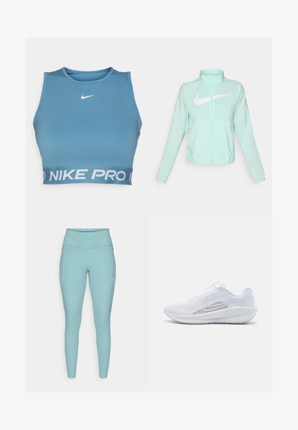 Casaco Nike verde menta com colarinho alto, fecho completo, mangas longas e um proeminente logótipo swoosh branco no peito. Tecido leve.; Top cropped atlético azul feito de tecido suave com gola redonda, apresentando um logotipo branco da Nike e o texto "NIKE PRO" na faixa.; Leggings azul claro feitos de material elástico, com uma cintura alta, design sem costuras e mínimos detalhes brancos nas laterais.; Sapatilha atlética branca com parte superior em rede, bico arredondado e sola texturizada. Apresenta o símbolo Nike em prata e um design minimalista.