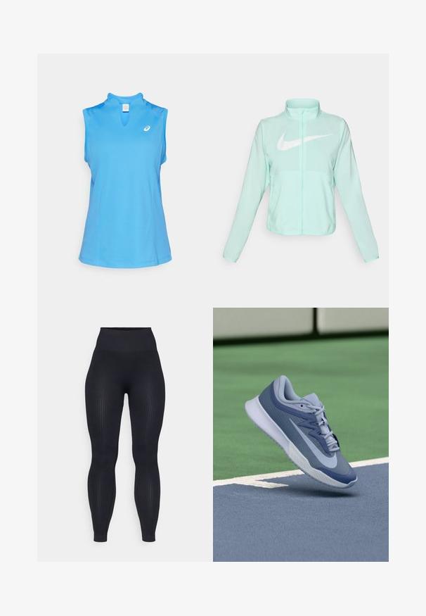Mintgrønn Nike-jakke med høy krage, full glidelås, lange ermer og en fremtredende hvit swoosh-logo på brystet. Lettvektsmateriale.; Blå ermeløs sportstopp med V-hals, laget av lett stoff, med en liten logo på brystet og glatt tekstur.; Sorte ribbede leggings med høy midje, laget av elastisk materiale. Har en glatt tekstur med vertikale mønstre gjennom hele.; Sportssko i lyseblå og marineblå, med en teksturert overdel, flate lisser og en lett hvit såle. Hevet over en baneflate.