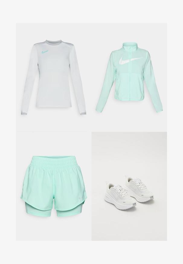 Jachetă Nike verde mentă cu un guler înalt, fermoar complet, mâneci lungi și un logo alb proeminent în formă de swoosh pe piept. Material ușor.; Cămașă Nike cu mânecă lungă, de culoare albă, cu un logo albastru deschis. Are un decolteu rotund, o textură fină și accente gri la manșete.; Pantaloni scurți sport de culoare verde mentă, cu talie elastică, design pe straturi și căptușeală interioară, având un mic logo gri Nike pe partea laterală.; Pantofi sport albi cu un superior din plasă texturată, talpă amortizată și accente subtile de gri. Include branding și un buclă la călcâi pentru a fi ușor de încălțat.