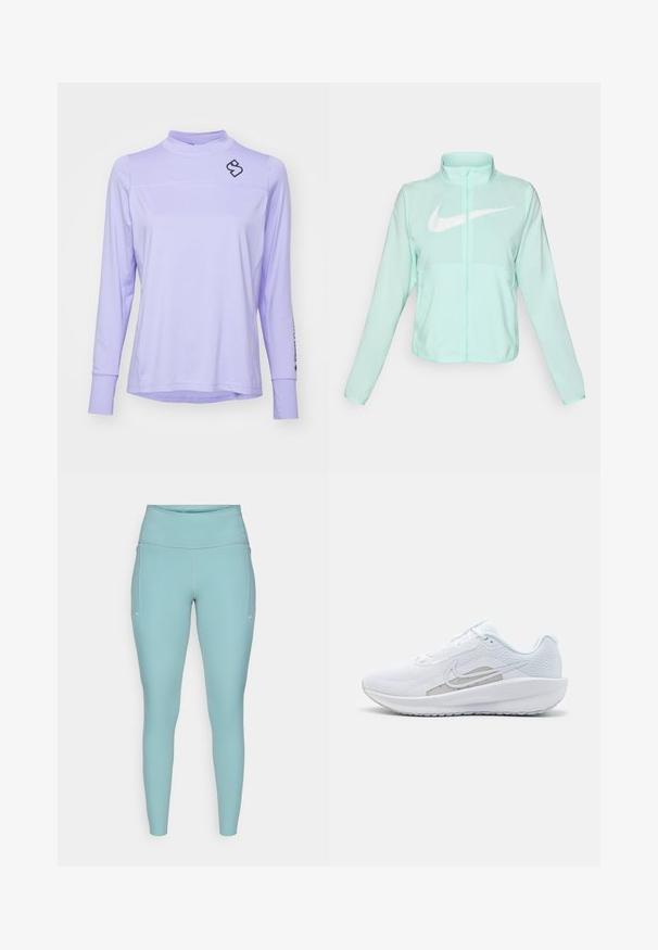Mentazöld Nike dzseki magas gallérral, teljes cipzárral, hosszú ujjakra és egy kiemelkedő fehér swoosh logóra a mellkason. Könnyű szövet.; Sweet Protection HUNTER - Hosszú ujjú felső - lilac; Világoskék leggings rugalmas anyagból, magas derékkal, varrás nélküli kivitelben, minimális fehér díszítéssel az oldalán.; Fehér sportcipő hálós felsőrésze, kerek orra és textúrált talpa van. Ezüst Nike logóval és minimalista dizájnnal rendelkezik.