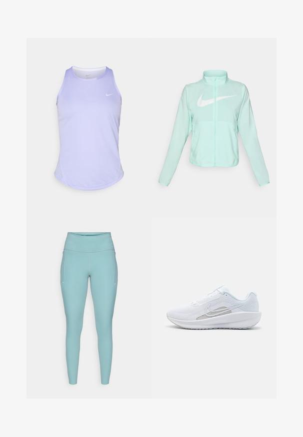Mintgrøn Nike-jakke med høj krave, fuld lynlås, lange ærmer og et fremtrædende hvidt swoosh-logo på brystet. Letvægtsstof.; Lys lilla atletisk tanktop med rund halsudskæring og mesh-detaljer i siderne. Har et lille hvidt Nike-logo på forsiden.; Lyseblå leggings lavet af strækbart materiale, med en høj talje, sømløst design og minimale hvide detaljer på siderne.; Hvid træningssko med mesh-overdel, rund tå og tekstureret sål. Har et sølvfarvet Nike-swoosh og et minimalistisk design.