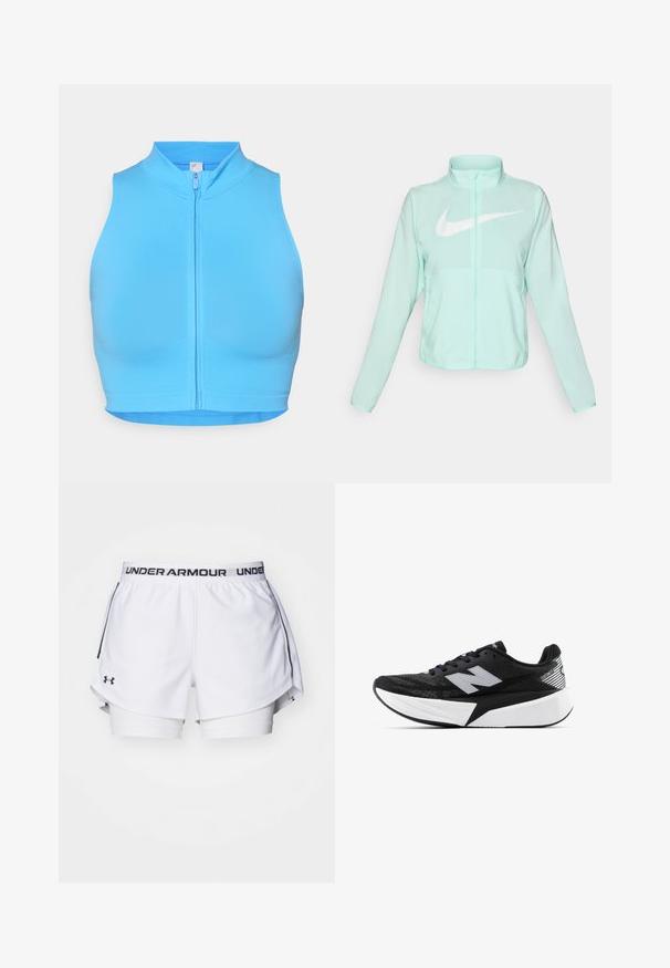 Mint green Nike jacket with a high collar, full zipper, long sleeves, and a prominent white swoosh logo on the chest. Lightweight fabric.; Bright blue cropped sports top with a high collar and front zipper. Made from stretchy fabric, featuring smooth texture and no patterns.; White athletic shorts with black Under Armour logo on waistband. Features a layered design with an inner lining and side slits for mobility.; Black and white New Balance running shoe with thick sole, mesh upper, and "N" logo on the side, viewed from the outer side.