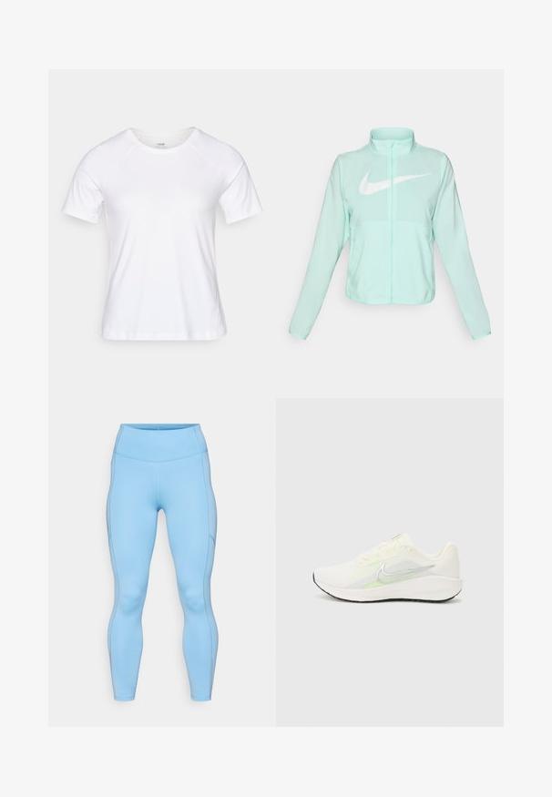 Mentazöld Nike dzseki magas gallérral, teljes cipzárral, hosszú ujjakra és egy kiemelkedő fehér swoosh logóra a mellkason. Könnyű szövet.; Fehér, rövid ujjú póló, puha pamut keverékből készült, kerek nyakkivágással és raglánujjakkal rendelkezik, sima textúrájú, minták nélkül.; Világoskék, rugalmas anyagból készült leggings. Magas derékkal, sima textúrával és ívelt varratokkal rendelkezik a lábak mentén.; Nike Performance DOWNSHIFTER 13 - Utcai futócipők - sail/silver-coloured photon dust/summit white/barely volt/black