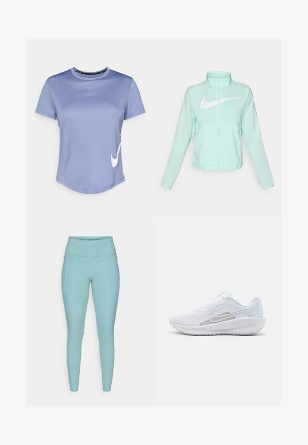 Mündroheline Nike jakk kõrge krae, täispikk tõmblukuga, pikkade varrukatega ja silmapaistva valge swoosh-logo kaeluse peal. Kerge kangas.; Heledad lilla spordit-särk ümmarguse kaelusega, lühikeste varrukatega ja kumerate servadega. Ühel küljel on valge Nike'i logo. Pehme kangast tekstuur.; Heledad hallikas sininelegging, valmistatud venivast materjalist, millel on kõrge vöökoht, õmblusteta disain ja minimaalsed valged aktsendid külgedel.; Valge sportlik king, millel on võrgusilmast ülemine osa, ümar varvas ja tekstureeritud tallad. Omab hõbedast Nike logo ja minimalistikku disaini.