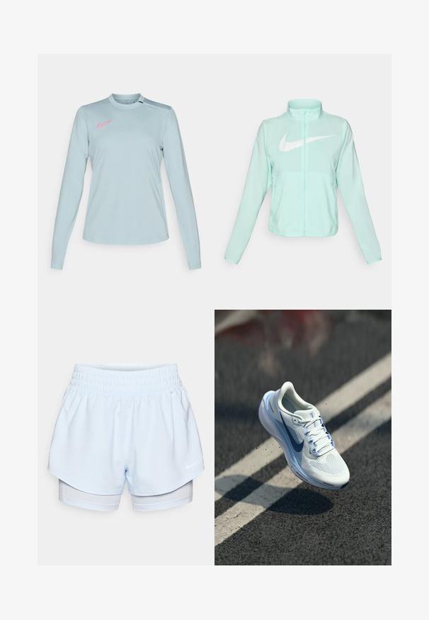 Jachetă Nike verde mentă cu un guler înalt, fermoar complet, mâneci lungi și un logo alb proeminent în formă de swoosh pe piept. Material ușor.; Cămașă Nike cu mânecă lungă, de culoare albastru deschis, cu guler rotund, având un logo roz pe umărul stâng și un material neted, texturat.; Pantaloni scurți atletici de culoare albastră deschisă cu talie elastică; stratul exterior are un croi scurt, iar stratul interior este ajustat și realizat dintr-un material respirabil.; Adidași albi cu parte superioară din plasă respirabilă și accente albastre. Dispune de o talpă amortizată și sireturi plate. Talpa intermediară prezintă branding-ul "Air Zoom".