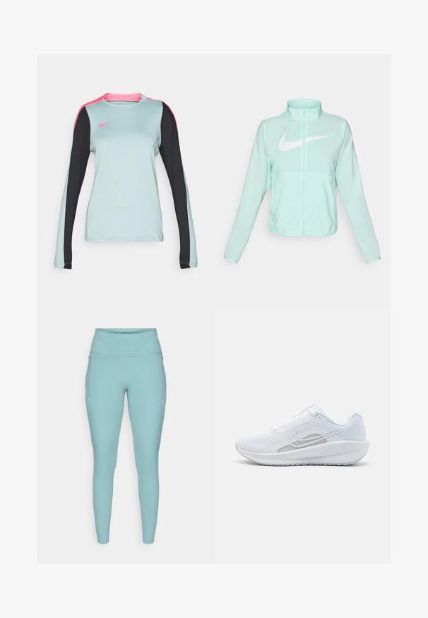 Mintgrüner Nike-Jacke mit hohem Kragen, durchgehendem Reißverschluss, langen Ärmeln und einem auffälligen weißen Swoosh-Logo auf der Brust. Leichtes Material.; Langärmeliges Sportshirt in Hellblau mit schwarzen Ärmeln und rosa Schulterakzenten. Glatte Textur mit Rundhals und Nike-Logo.; Helle blaue Leggings aus dehnbarem Material, mit hohem Bund, nahtlosem Design und minimalen weißen Akzenten an den Seiten.; Weißer Sport Schuh mit Mesh-Obermaterial, abgerundeter Zehenpartie und strukturiertem Sohlenprofil. Mit einem silbernen Nike Swoosh und minimalistischem Design.
