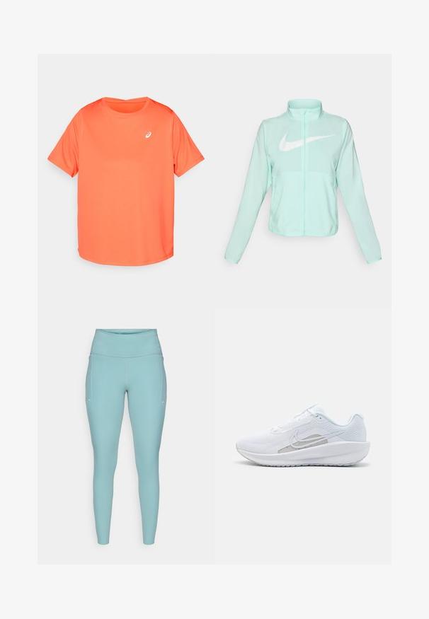 Mint zaļš Nike jaka ar augstu apkakli, pilnu rāvējslēdzēju, garām piedurknēm un izteiksmīgu balto swoosh logotipu uz krūtīm. Viegls audums.; Īsām piedurknēm sporta krekls spilgti oranžā krāsā, izgatavots no gludas, vieglas auduma. Uz krūšu daļas ir neliels balts logo.; Gaiši zili legingi, izgatavoti no elastīga materiāla, ar augstu jostasvietu, bezšuvju dizainu un minimālajiem baltajiem akcentiem sānos.; Baltas sporta apdedzinājums ar sietu augšdaļu, noapaļotu purngalu un teksturētu zoli. Tam ir sudraba Nike zvīņa un minimālisma dizains.