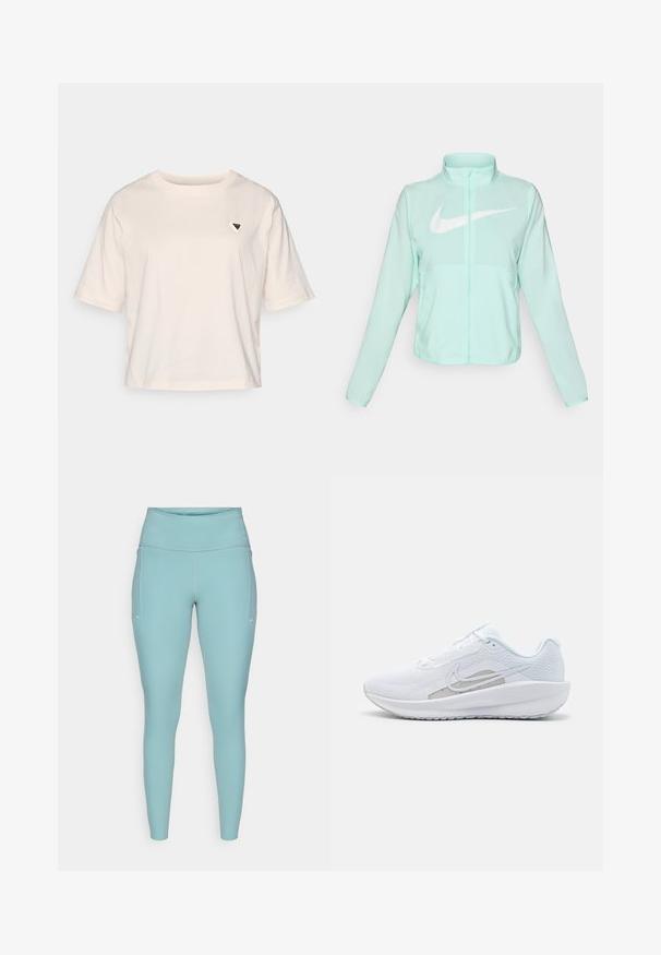 Mint zaļš Nike jaka ar augstu apkakli, pilnu rāvējslēdzēju, garām piedurknēm un izteiksmīgu balto swoosh logotipu uz krūtīm. Viegls audums.; Gai pelēkbrūns īsās piedurknēs T-krekls, izgatavots no kokvilnas. Tam ir maza trīsstūrveida logo kreisajā krūtī. Vienkāršs dizains, brīva piegriezuma.; Gaiši zili legingi, izgatavoti no elastīga materiāla, ar augstu jostasvietu, bezšuvju dizainu un minimālajiem baltajiem akcentiem sānos.; Baltas sporta apdedzinājums ar sietu augšdaļu, noapaļotu purngalu un teksturētu zoli. Tam ir sudraba Nike zvīņa un minimālisma dizains.