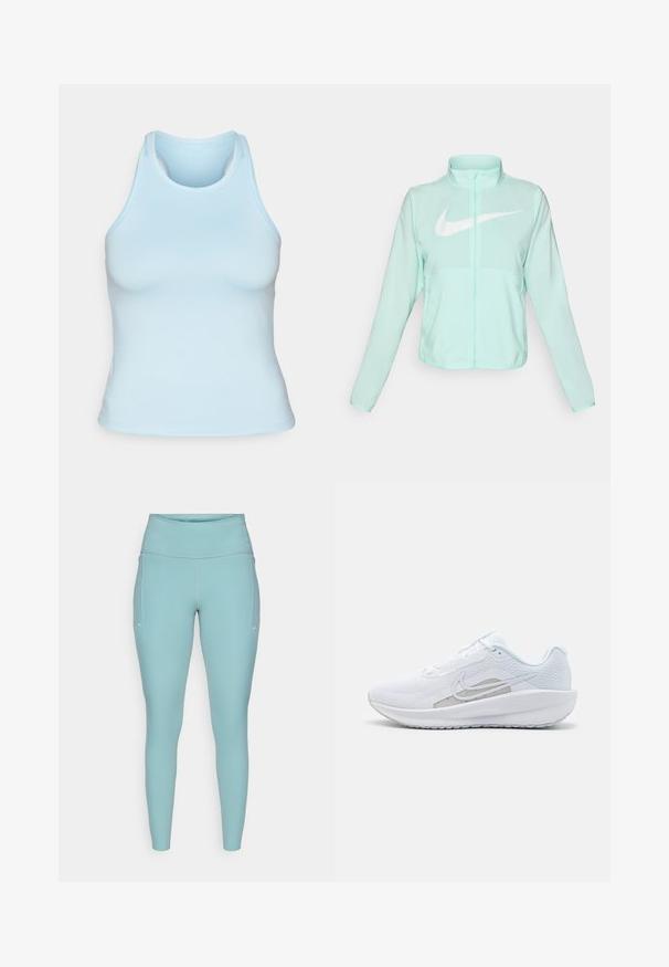 Mintgrüner Nike-Jacke mit hohem Kragen, durchgehendem Reißverschluss, langen Ärmeln und einem auffälligen weißen Swoosh-Logo auf der Brust. Leichtes Material.; Helles blaues, ärmelloses Tanktop aus dehnbarem Material, mit rundem Ausschnitt und Racerback-Design, das eine glatte, enganliegende Silhouette bietet.; Helle blaue Leggings aus dehnbarem Material, mit hohem Bund, nahtlosem Design und minimalen weißen Akzenten an den Seiten.; Weißer Sport Schuh mit Mesh-Obermaterial, abgerundeter Zehenpartie und strukturiertem Sohlenprofil. Mit einem silbernen Nike Swoosh und minimalistischem Design.