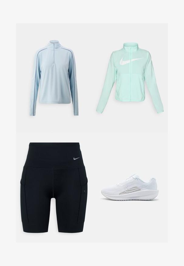 Mint green Nike jacket with a high collar, full zipper, long sleeves, and a prominent white swoosh logo on the chest. Lightweight fabric.; Light blue long-sleeve pullover with a half zip, made from smooth fabric, featuring contrasting dark blue side stripes and a standing collar.; Black high-waisted athletic shorts made of stretchy material; features side pockets and a small Nike logo on the waistband.; White athletic shoe with mesh upper, rounded toe, and textured sole. Features a silver Nike swoosh and minimalistic design.