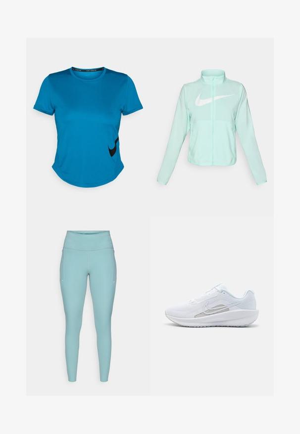 Mintgrønn Nike-jakke med høy krage, full glidelås, lange ermer og en fremtredende hvit swoosh-logo på brystet. Lettvektsmateriale.; Blå kortermet treningsskjorte laget av glatt stoff, med en svart Nike-logo langs nedre venstre side og en buet nederkant.; Lyseblå treningstights laget av elastisk materiale, med høy midje, sømløst design og minimale hvite detaljer på sidene.; Hvit sportssko med mesh-overdel, rund tå og teksturert såle. Har en sølvfarget Nike swoosh og et minimalistisk design.