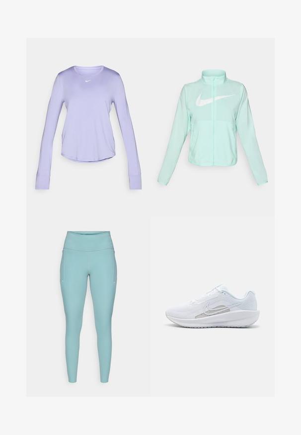 Mintgroene Nike-jas met een hoge kraag, volledige rits, lange mouwen en een opvallend wit swoosh-logo op de borst. Lichtgewicht stof.; Lange mouw lavender sportshirt gemaakt van zachte, lichte stof. Bevat een ronde halslijn en een klein wit logo op de borst.; Lichtblauwe leggings gemaakt van rekbaar materiaal, met een hoge tailleband, een naadloos ontwerp en minimale witte accenten aan de zijkanten.; Witte sportieve schoen met een bovenwerk van mesh, ronde neus en een textuurzool. Beschikt over een zilveren Nike swoosh en een minimalistisch ontwerp.