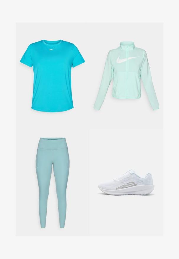 Casaco Nike verde menta com colarinho alto, fecho completo, mangas longas e um proeminente logótipo swoosh branco no peito. Tecido leve.; Camiseta de manga curta da Nike em turquesa, feita de um tecido suave e leve. Apresenta um decote redondo e um pequeno logo branco no peito.; Leggings azul claro feitos de material elástico, com uma cintura alta, design sem costuras e mínimos detalhes brancos nas laterais.; Sapatilha atlética branca com parte superior em rede, bico arredondado e sola texturizada. Apresenta o símbolo Nike em prata e um design minimalista.