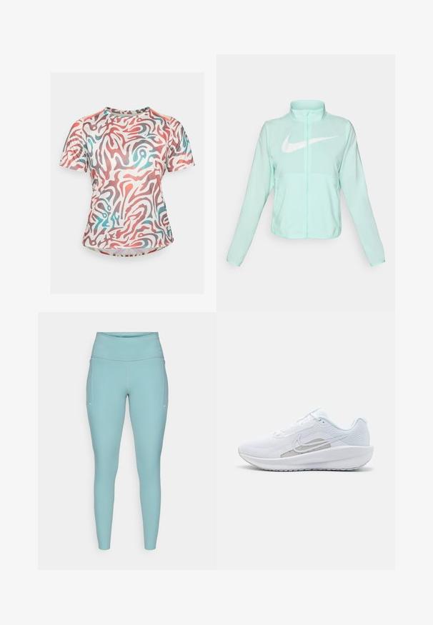 Giacca Nike verde menta con colletto alto, zipper completa, maniche lunghe e un grande logo swoosh bianco sul petto. Tessuto leggero.; Maglietta sportiva a maniche corte con base bianca e motivo astratto a vortici rossi e blu. Realizzata in tessuto morbido e elasticizzato.; Leggings azzurri chiari realizzati in materiale elasticizzato, caratterizzati da un'alta vita, design senza cuciture e minimi accenti bianchi sui lati.; Scarpa sportiva bianca con tomaia in rete, punta arrotondata e suola testurizzata. Presenta il logo Nike in argento e un design minimalista.