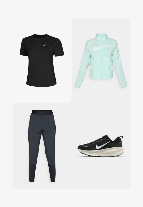 Mėtų žalios spalvos Nike striukė su aukštu apykakle, pilnu užtrauktuku, ilgomis rankovėmis ir ryškia balta swoosh logotipu krūtinėje. Lengvas audinys.; Juodas sportinis marškinėliai, pagaminti iš lygaus audinio, su apykakle ir trumpomis rankovėmis. Priekyje kairėje pusėje yra atspindintis logotipas.; Nike sportiniai džinsai tamsiai pilkos spalvos, su siaurėjančio kirpimo dizainu, elastinga juosmens juosta ir akcentu detalėmis prie rankovių.; Juodas Nike sportinis batelis su kvėpuojančiu tinklu, baltu swoosh logotipu, tekstūruoto dizaino detalėmis ir grietinėlės spalvos ZoomX viduriu.