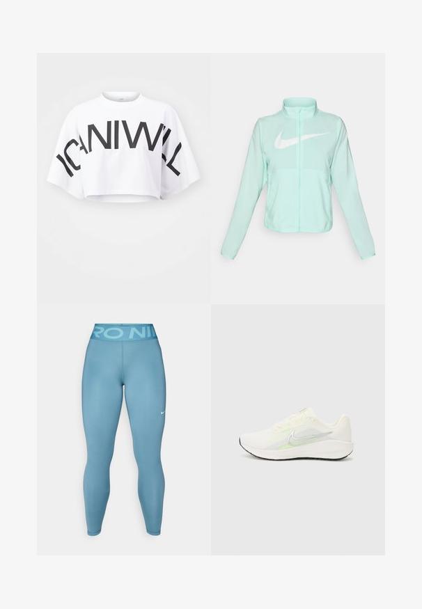 Casaco Nike verde menta com colarinho alto, fecho completo, mangas longas e um proeminente logótipo swoosh branco no peito. Tecido leve.; T-shirt cropped branco com mangas curtas, apresentando um grande texto preto "ICANIWILL" na parte da frente. Tecido de algodão suave, corte descontraído.; Leggings atléticos azul claro com uma textura suave e um cós alto, apresentando a letra "PRO NIKE". Inclui um pequeno logo da Nike em branco.; Nike Performance DOWNSHIFTER 13 - Sapatos para corrida em estrada - sail/silver-coloured photon dust/summit white/barely volt/black