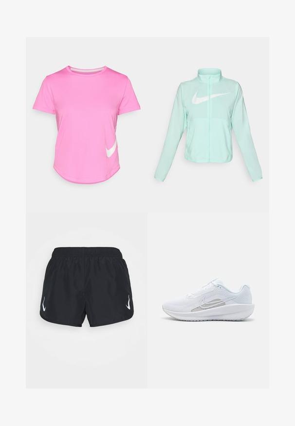 Chaqueta Nike de color verde menta con un alto cuello, cremallera completa, mangas largas y un prominente logo en forma de swoosh blanco en el pecho. Tejido ligero.; Camiseta rosa de Nike de manga corta, con cuello redondo, textura suave, que presenta un logo blanco en la parte inferior izquierda y un dobladillo curvado.; Pantalones cortos deportivos negros con cintura elástica, con un logo blanco en el lado izquierdo. Fabricados con un tejido ligero y suave.; Zapatilla deportiva blanca con parte superior de malla, punta redondeada y suela texturizada. Presenta un swoosh de Nike plateado y un diseño minimalista.